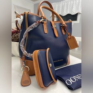 Dooney and Bourke Navy and Tan Leather Tote Bag with Matching Pouch
